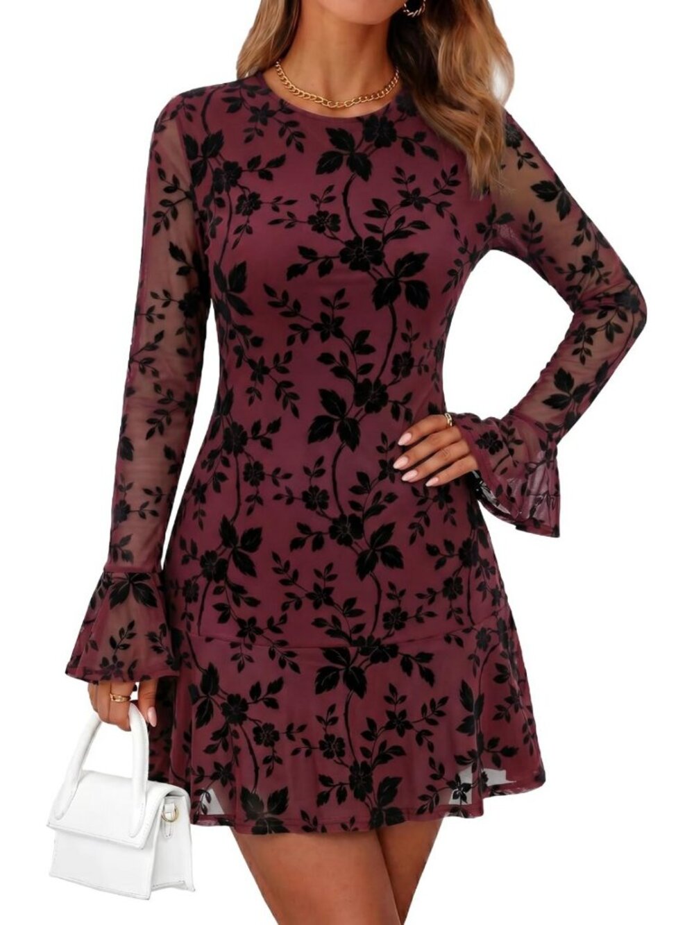 Floral Mesh Mini Bodycon Dress for Women | Stylish Crewneck Summer Fashion